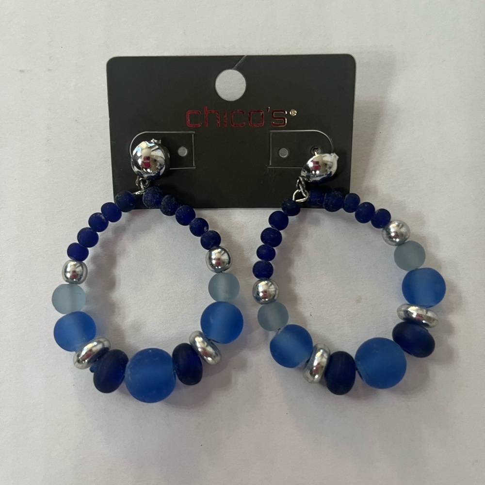 Chico's Blue and Silver Beaded Hoop Earrings